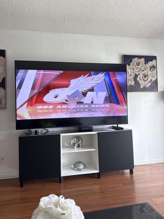 TV de pantalla plana en un stand en la sala de estar en Apartments TVG Miami by the ocean !, en Miami Beach