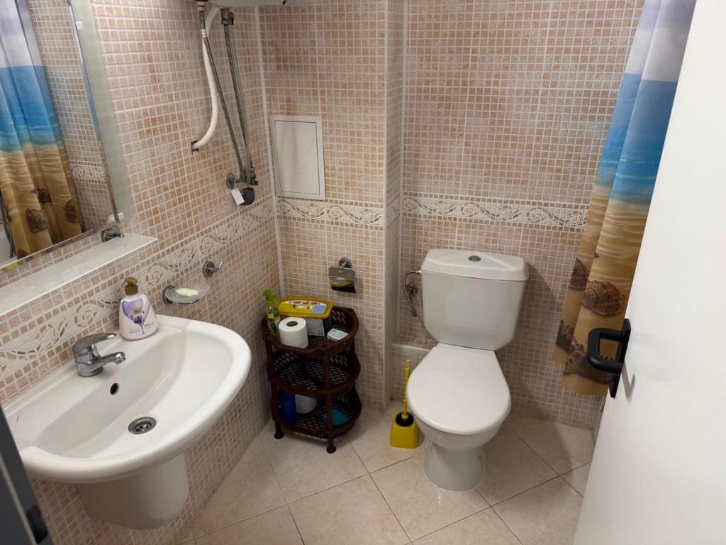 a small bathroom with a toilet and a sink at Central Plaza Apartment in Sunny Beach