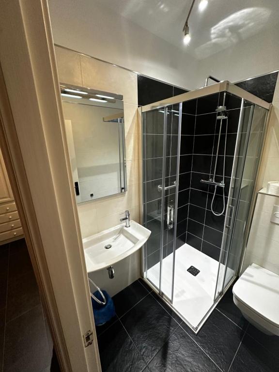 a bathroom with a shower and a sink and a toilet at Los Abetos in Villanueva de la Peña