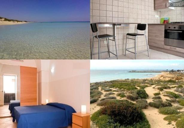 twee foto's van een keuken en een slaapkamer met de oceaan bij Casa Caporosso Giusti in Maruggio