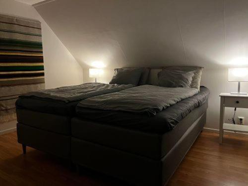 a bed in a room with two lamps on it at Österlens Pärla in Borrby