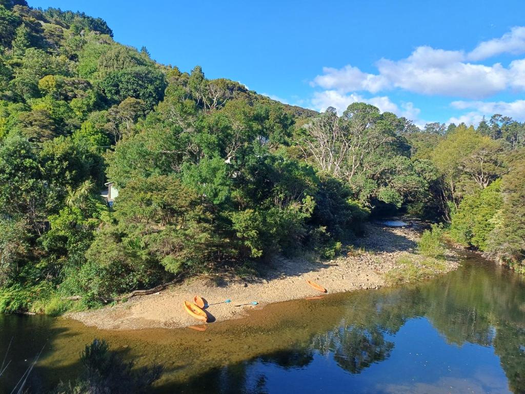 an aerial view of a body of water with trees at Te Mata Lodge in Tapu