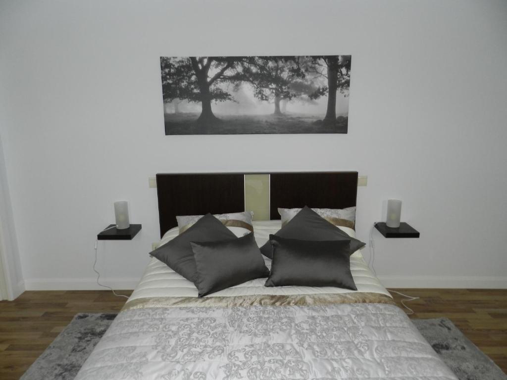 a bedroom with a large bed with black pillows at Sweet Home Santander in Santander