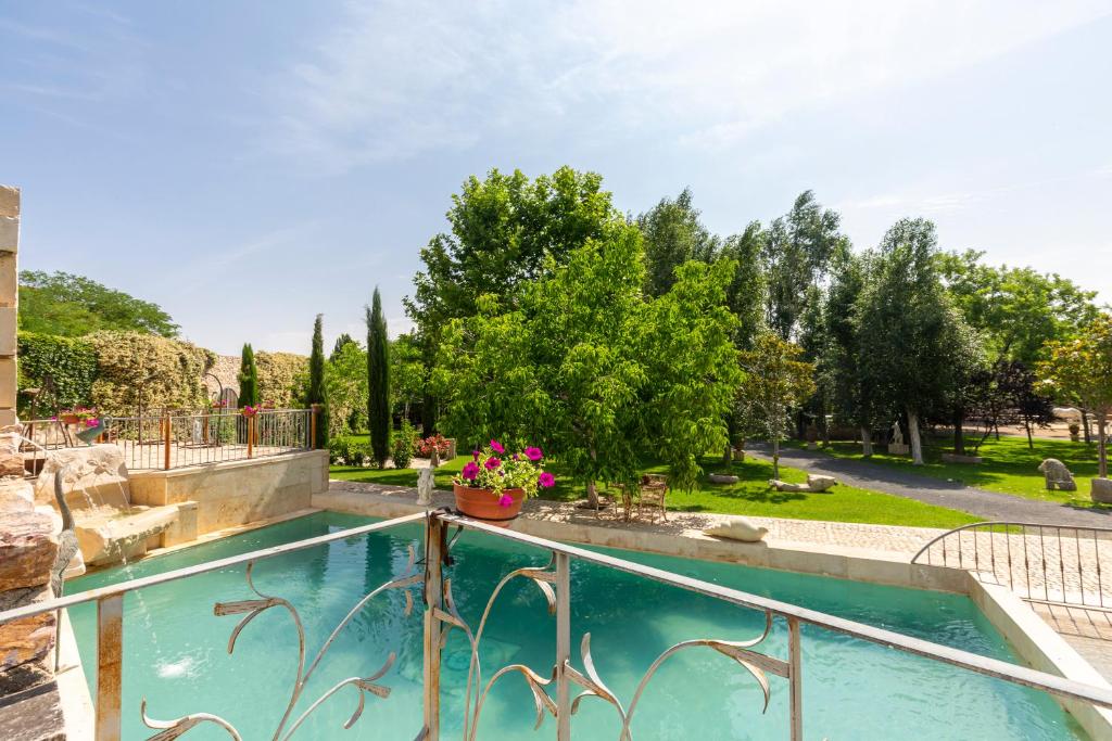 a swimming pool in a garden with trees at Hotel Boutique Palacio Arudecas in Cañada de Calatrava