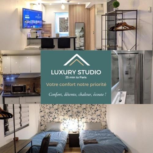 a sign for aluxury studio with a couch in a room at Luxury studio Évry - Ris, 25 min to Paris in Ris-Orangis