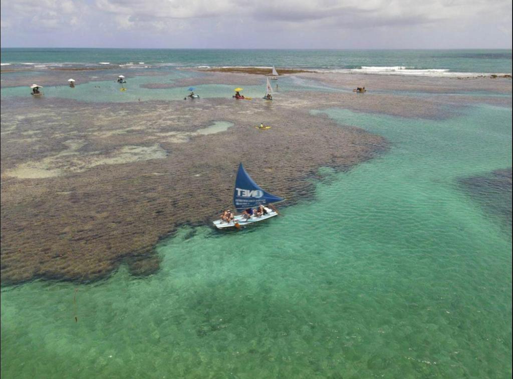 ein kleines Segelboot im Wasser am Strand in der Unterkunft Apartamento Flat Porto de Galinhas - Piscinas Naturais in Porto De Galinhas