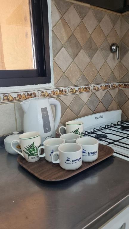 コンコルディアにあるLa Casita El Martilloのキッチンカウンターの上にカップとソーサーがいっぱいのトレイ