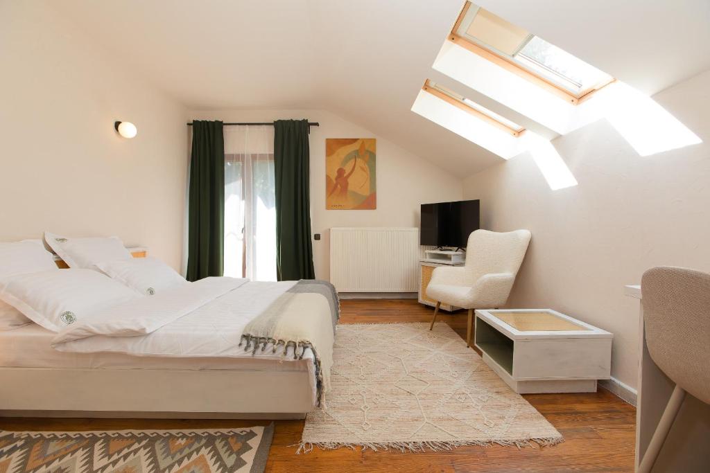 a bedroom with a bed and a chair and a skylight at Pensiunea Bucuria Cheia & Ferma Animale in Cheia