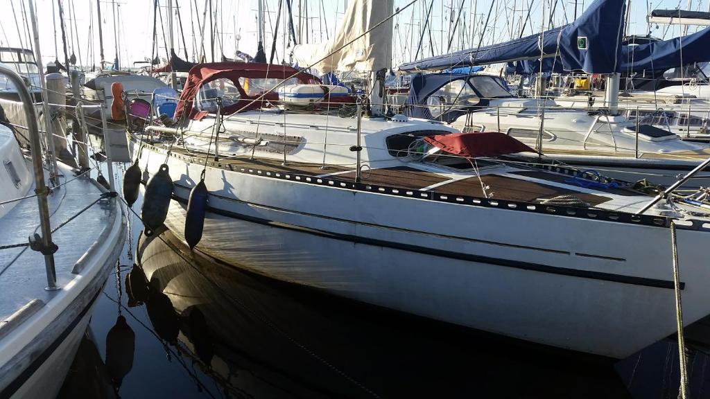 a white boat is docked in a harbor at Boots-Camping Grevelingen in Herkingen