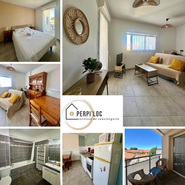 un collage de photos d'une chambre et d'un salon dans l'établissement Cosy Perpi Gare, à Perpignan