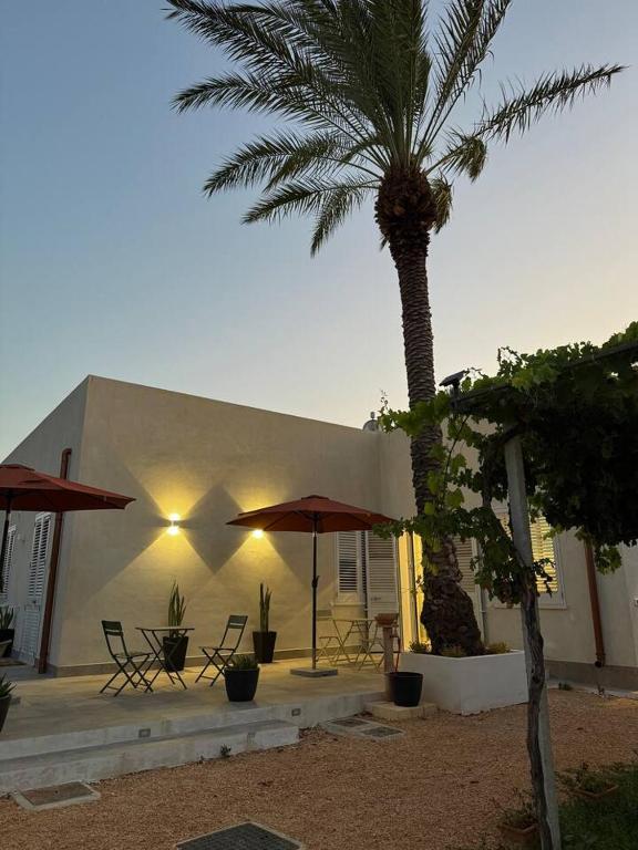a building with a palm tree and chairs and umbrellas at Stagnone Sunset Holidays in Marsala