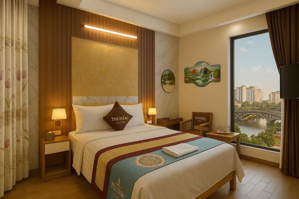 a hotel room with a bed and a large window at Nhà Nghỉ Thu Hằng 1 in Hà Ðông