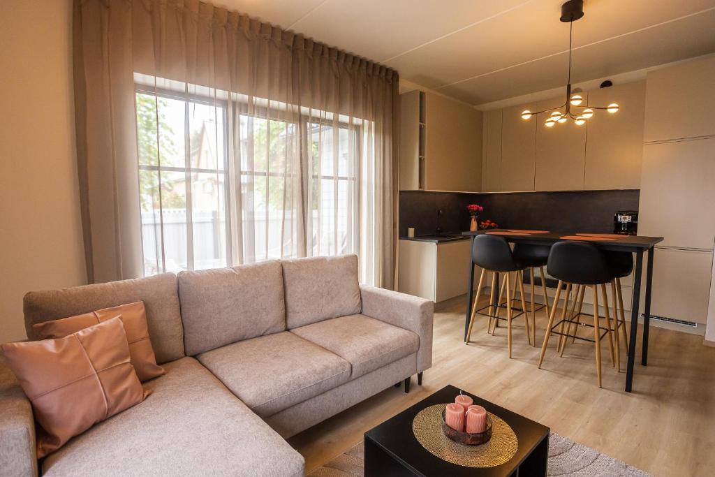 een woonkamer met een bank en een keuken bij Sun Side Apartments Pärnu in Pärnu