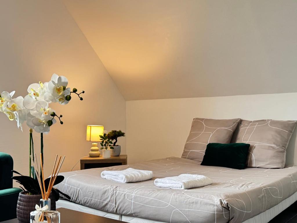 Un dormitorio con una cama con dos almohadas encima. en Appartement Platanes 7 - Proche Disneyland - Parking Gratuit - Meaux, en Meaux