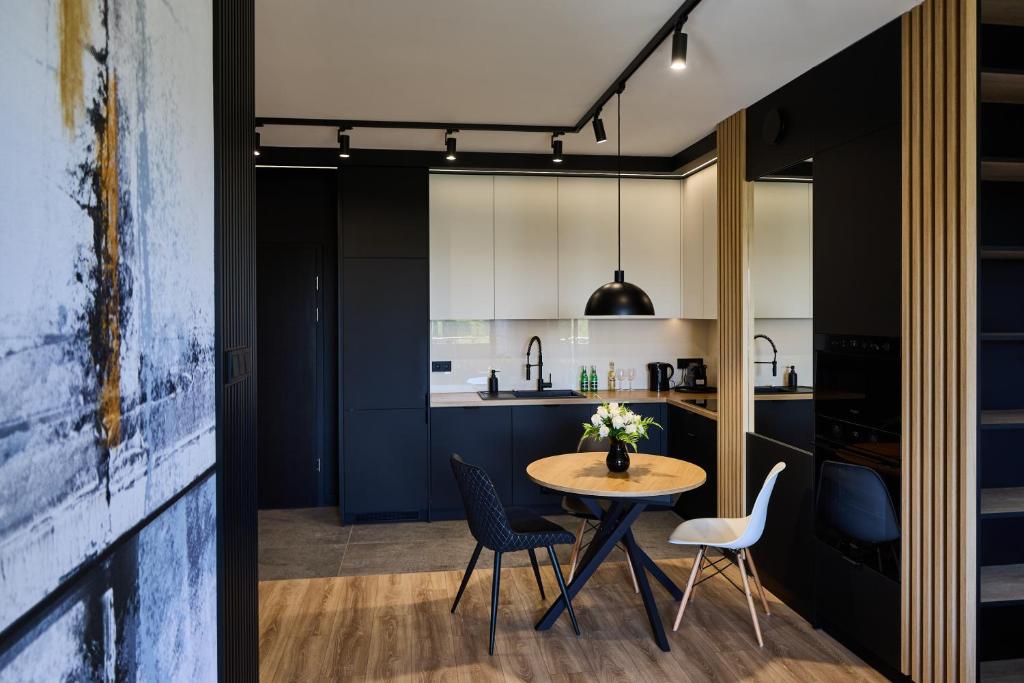 ジェシュフにあるApartament Niebieski Horyzont Kopisto 11 Centrum Miasta Rzeszówのテーブルと椅子のあるキッチンとダイニングルーム