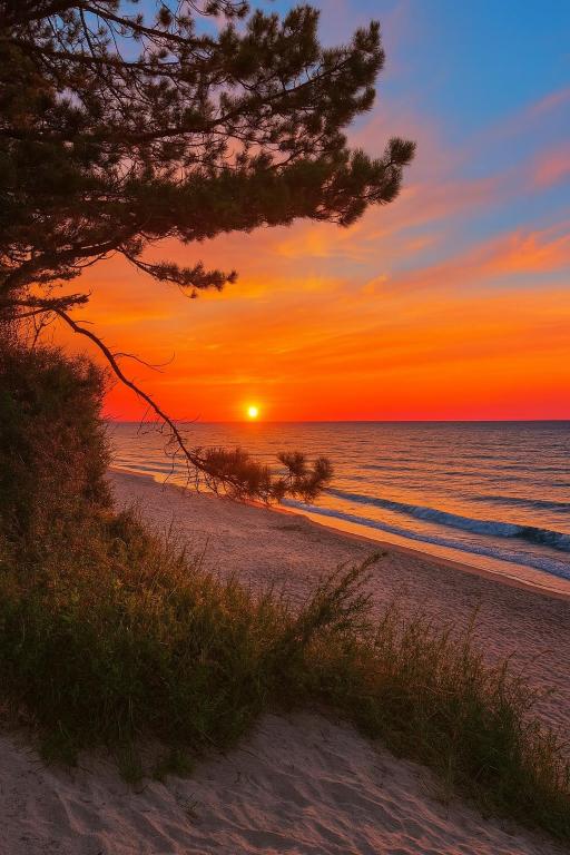 a sunset on a beach with a pine tree at Domki Nad Morzem IDPB in Gąski