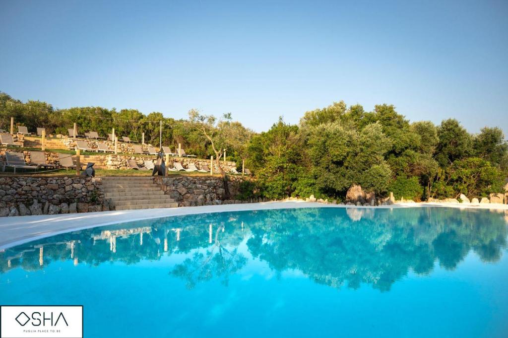a pool of blue water with trees in the background at MASSERIA OSHA ex QUIS UT DEUS 