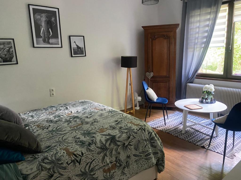 une chambre avec un lit, une table et une chaise dans l'établissement Belle Chambre Privée - Salle de bain - Jardin - Wifi -, à Wissembourg
