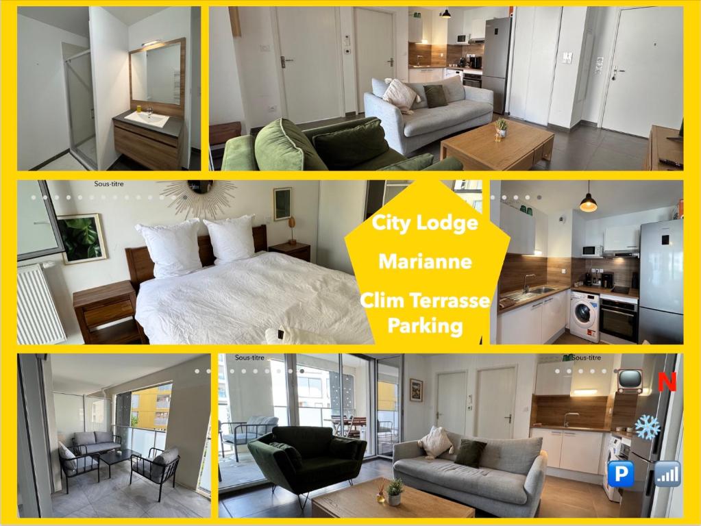 un collage de photos d'un salon et d'une chambre dans l'établissement CityLodge Marianne climatisation terrasse, à Montpellier