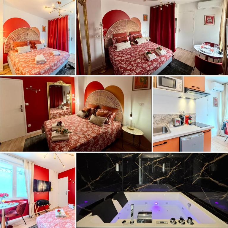 un collage de quatre photos d'une chambre d'hôtel dans l'établissement Prestige Jacuzzi & Clim, parking - Roanne centre-ville, à Roanne
