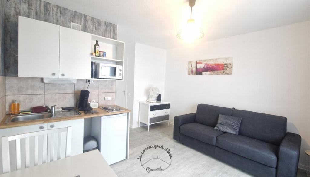 a living room with a couch and a kitchen at Le Nélaton #Confort in Clermont-Ferrand