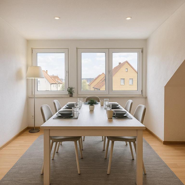 a dining room with a table and chairs and two windows at Modern Flat Karlsruhe - Waschmaschine, Fußbodenheizung, Regendusche in Karlsruhe