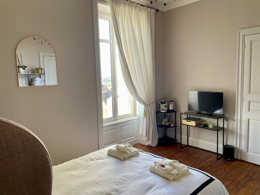 a bedroom with a bed and a mirror and a window at Château Maranne in Parthenay