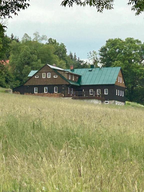a large barn with a green roof in a field at Chata VISTA Strážné in Strážné