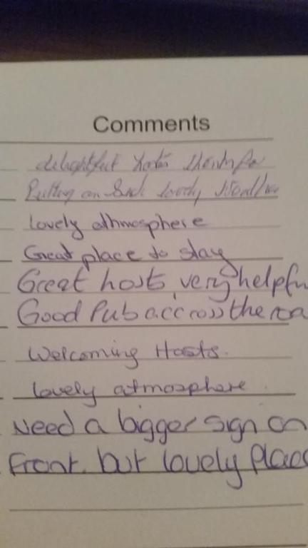 a letter written in purple handwriting on at West View B&B dog friendly Atwick in Atwick