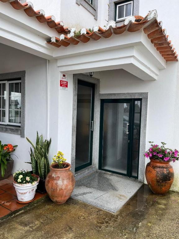 three large vases sitting outside of a house at Casa do Caracol in Oliveira de Azemeis