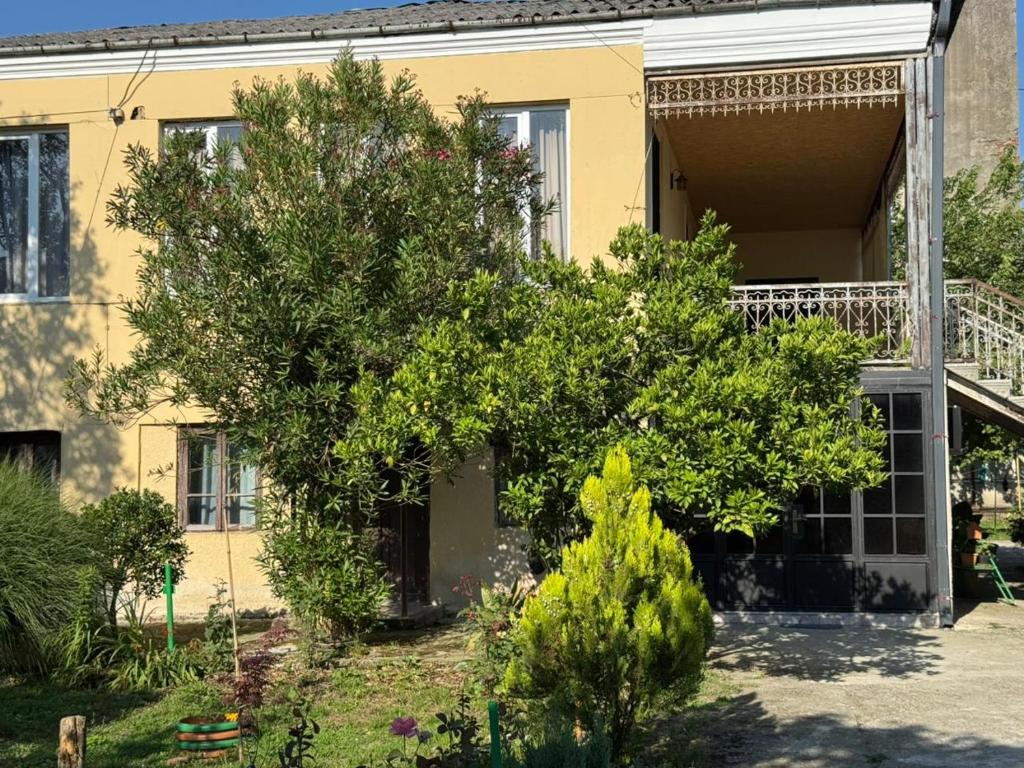 een geel huis met een boom ervoor bij Hotel DADU in Samtredia