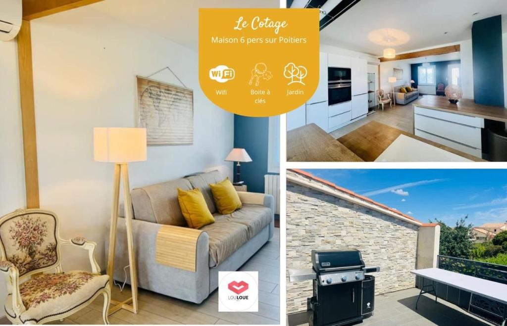 a collage of pictures of a living room and a kitchen at Le Cottage - Jolie Maison à Buxerolles in Poitiers