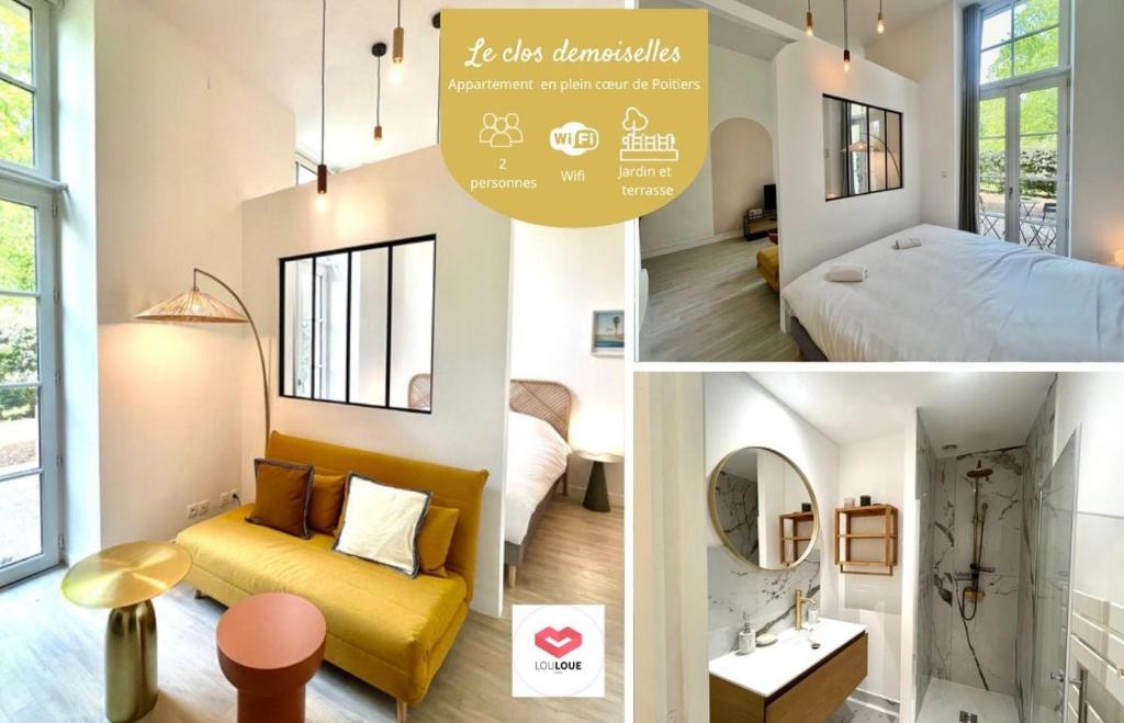 un collage de photos d'une chambre et d'un salon dans l'établissement Le Clos Demoiselles, à Poitiers