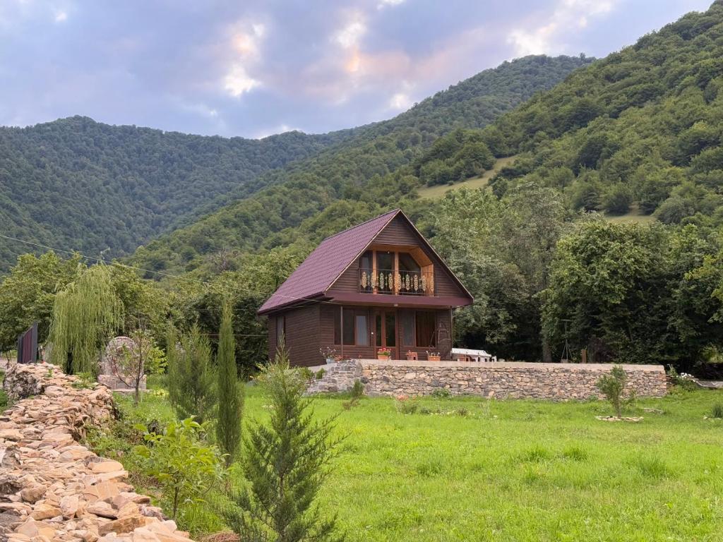 a small house in a field with mountains in the background at Pankisi Wooden Cottage in Akhmety