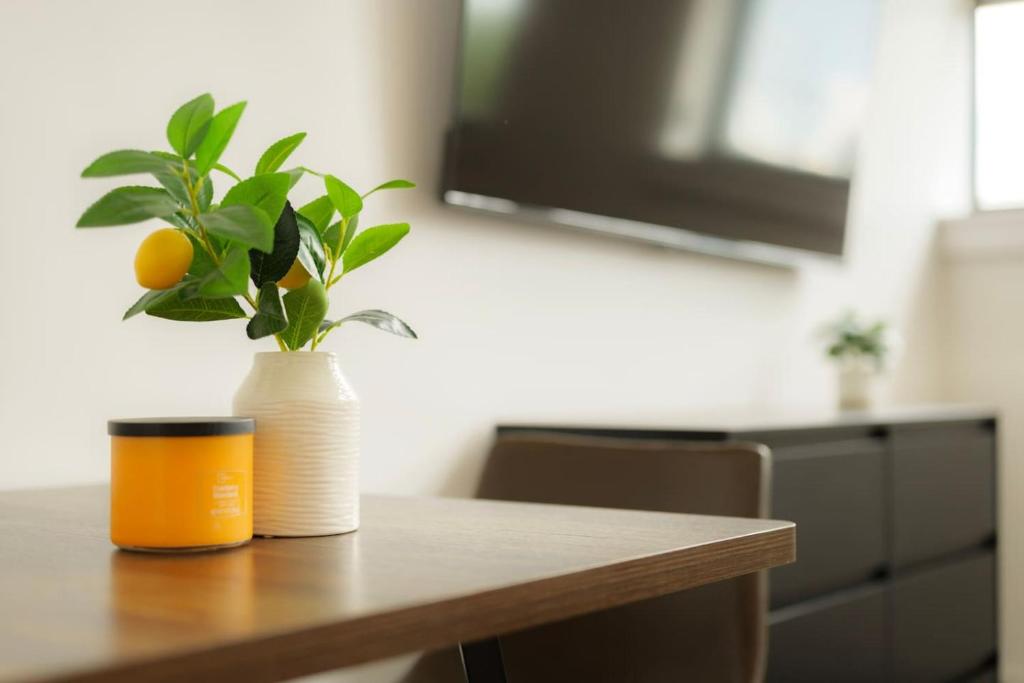 une plante dans un vase blanc sur une table en bois dans l'établissement Above The Roots - Elegant and Bright Studio Stay, à Washington