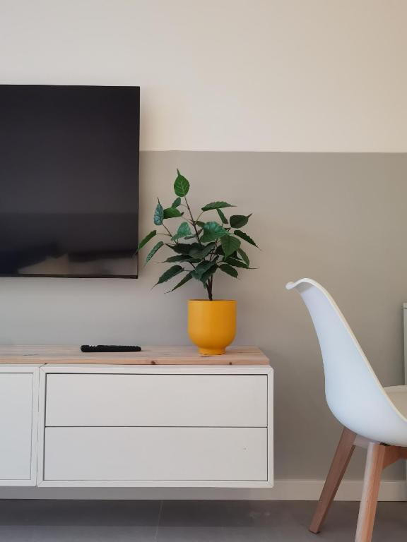 a living room with a tv and a plant on a dresser at Casa Alegria in Oeiras
