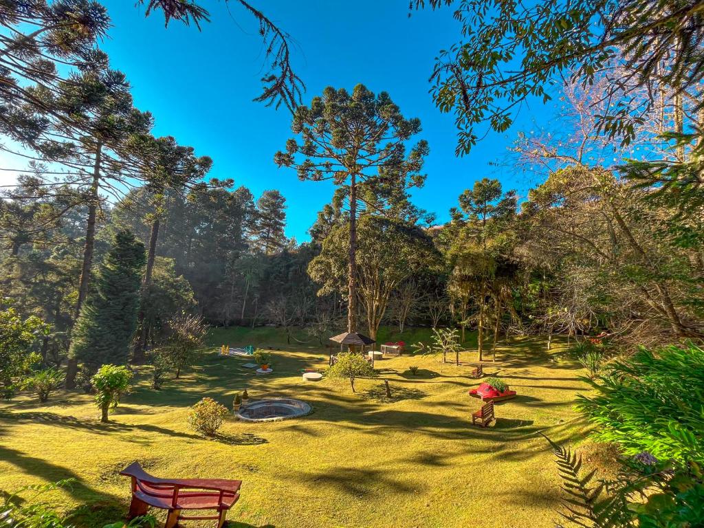 una persona con un paraguas parada en un parque en Hotel Fazenda Golden Park Campos do Jordão, en Campos do Jordão