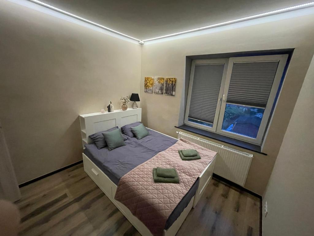 a bedroom with a bed and a window at Mieszkanie in Bolesławiec