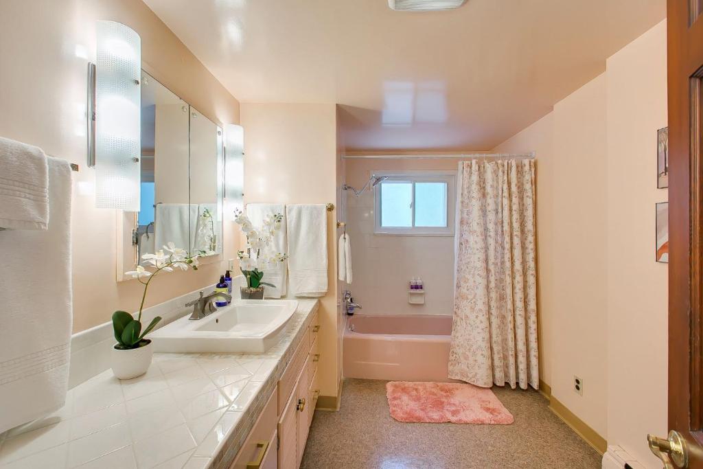 un bagno con lavandino, vasca e doccia di Eagle Rock Base Camp a Boise