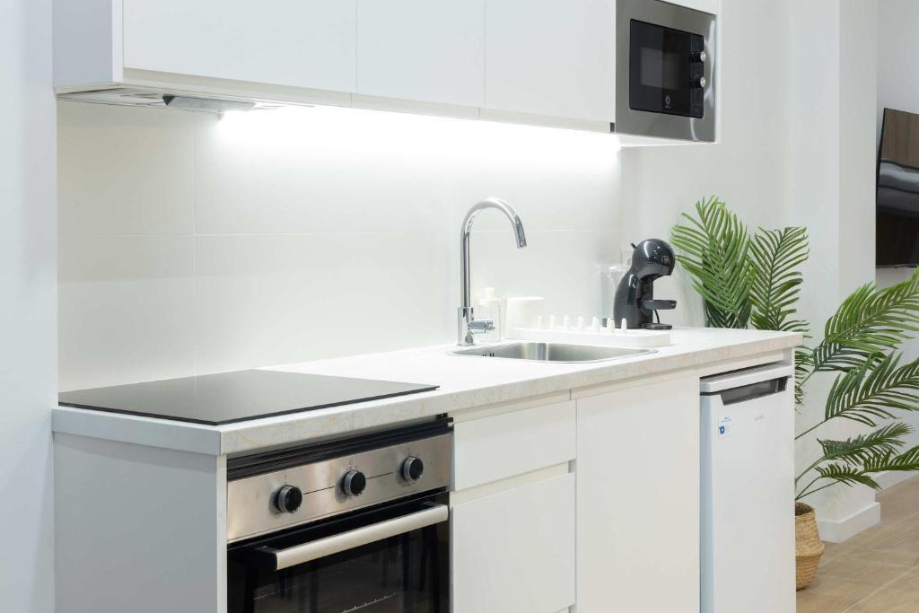 a white kitchen with a sink and a stove at Luxury Apartment Oceanografic 9 in Valencia