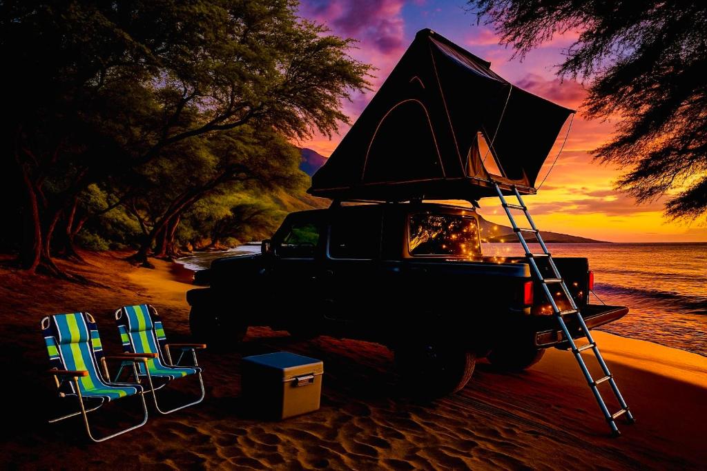 帕依亚Embark on a journey through Maui with Aloha Glamp's jeep and rooftop tent allows you to discover diverse campgrounds, unveiling the island's beauty from unique perspectives each day的一辆停在海滩上的卡车，上面有两张沙滩椅