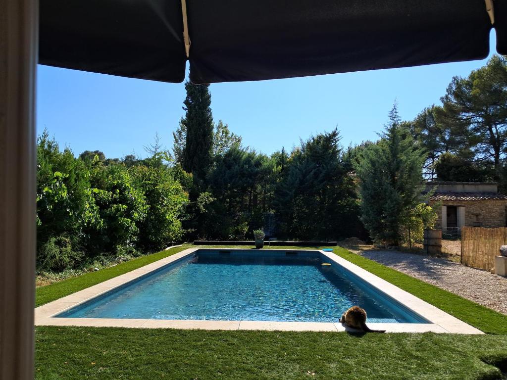 une personne est assise devant une piscine dans l'établissement Sous les Chênes, à Peypin-dʼAigues