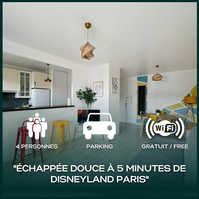 un salon et une cuisine dans l'établissement Le Bruxelles 21 - Appartement pour 4 personnes Disneyland Paris, à Montévrain