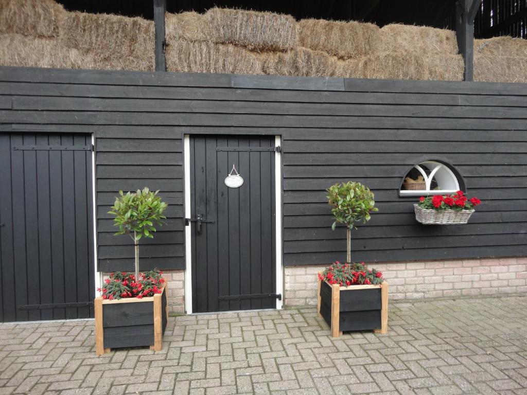 dois vasos de plantas em frente a um edifício preto em B&B De Hooiberg em Barneveld