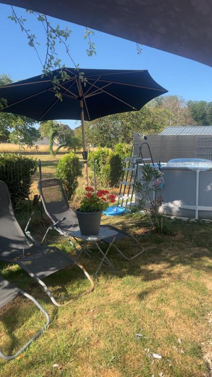 2 chaises et un parasol dans la cour dans l'établissement Quiniere - Entre Lac et Forêt - hébergement indépendant avec espace kitchenette, à Blois