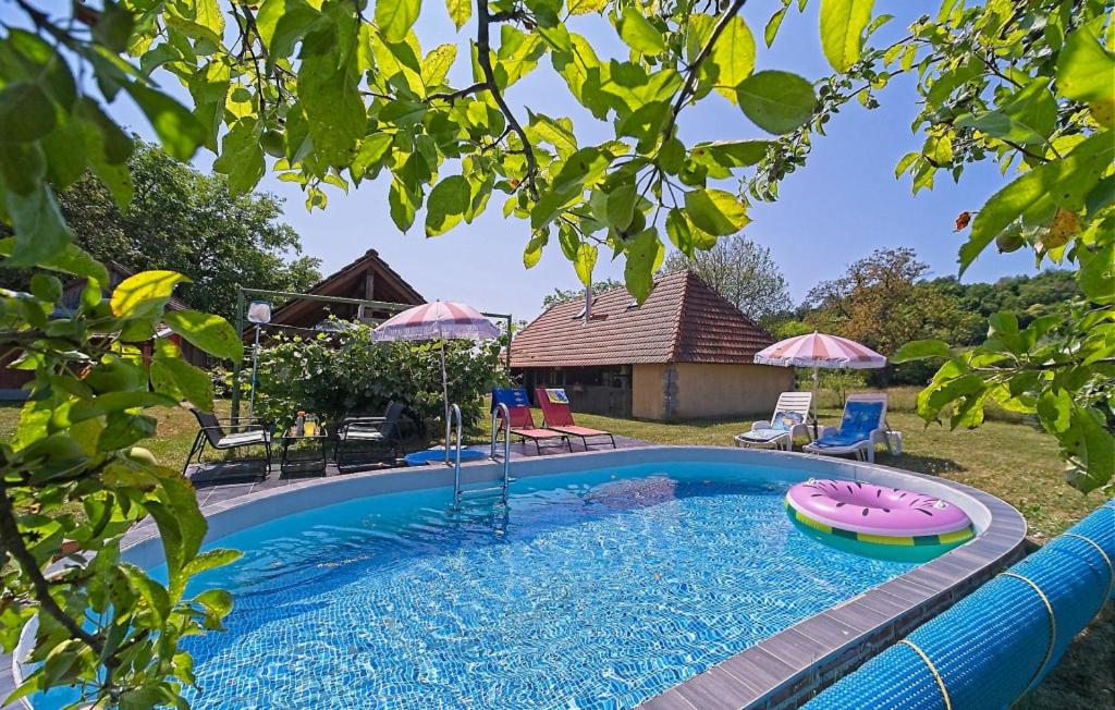 a swimming pool in a yard with chairs and umbrellas at Beautiful Holiday Home Martinscak in Gornji Velemerić