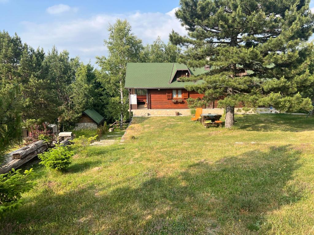 a log cabin with a green roof in a yard at Kraljeva breza in Divčibare