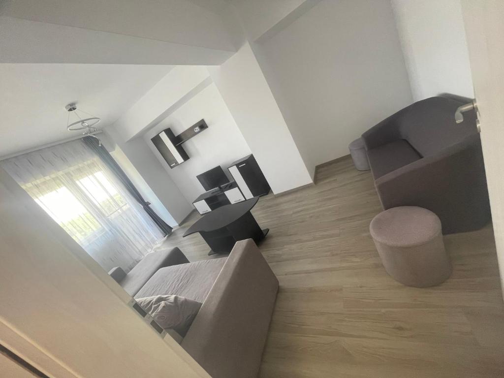 una sala de estar con un sofá y una silla en kyr house 3, en Văleni