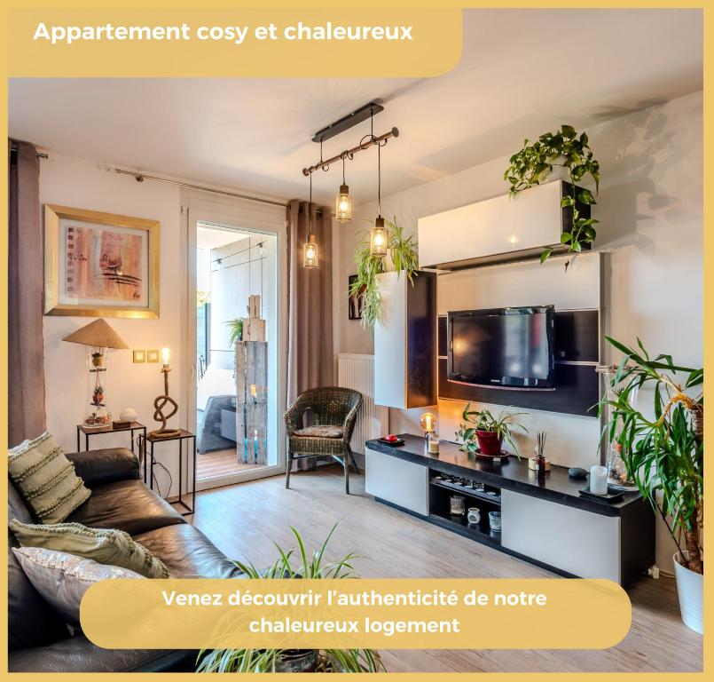 Saint-Jeoire-PrieuréにあるChez Mélanie I T3 I Saint-Jeoireのオープンリビングルーム(ソファ、テレビ付)