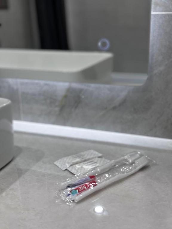 a toothbrush sitting on a counter in front of a mirror at Апартаменты по суточно in Zhezdi